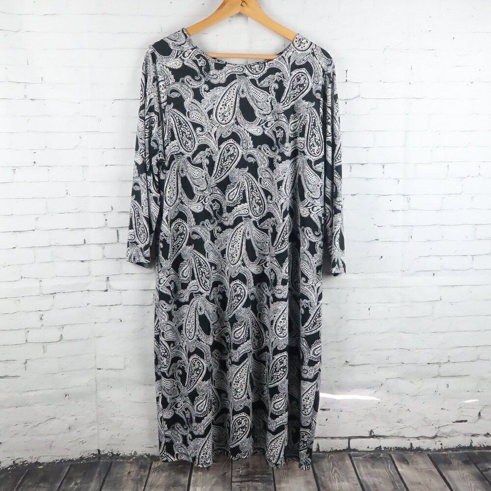 GEORGE BLACK WHITE PAISLEY 3/4 SLEEVE ROUND NECK SHIFT DRESS SIZE XXL/20
